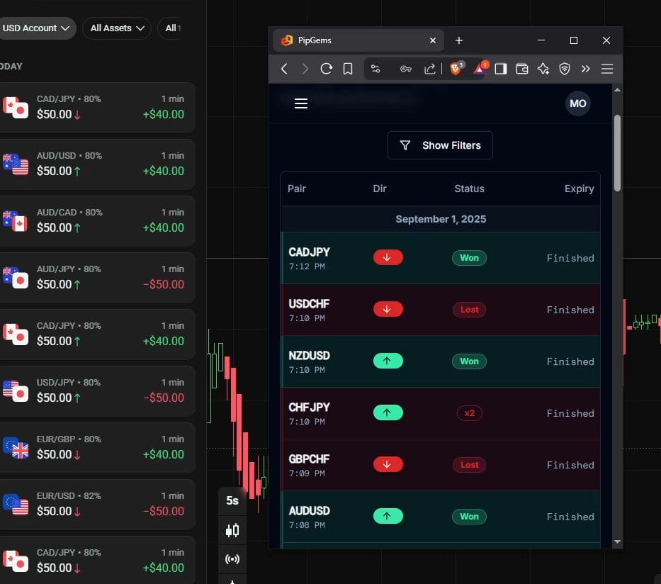 Pipgems Trading Signals App on Olymp Trade